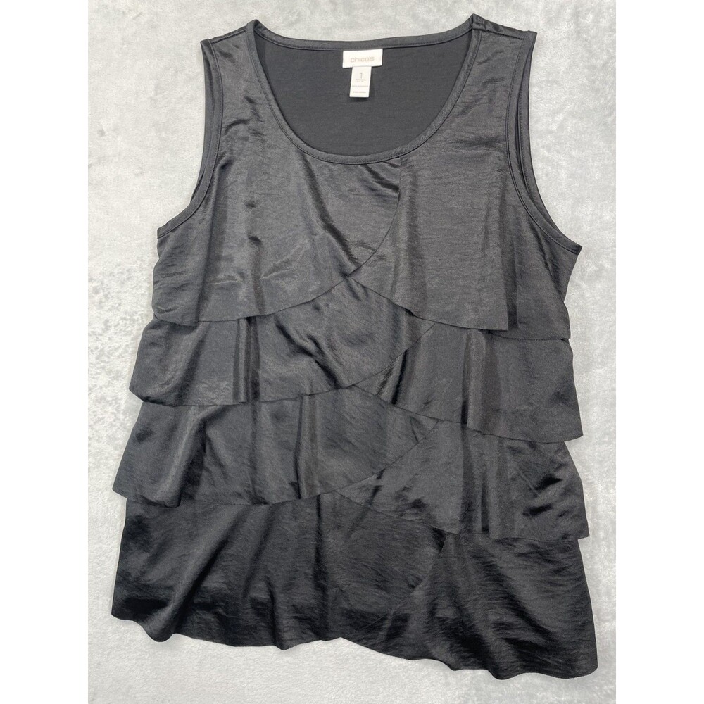 Chico’s Sz: 1 Black Sleeveless Tank Top Ruffles Lightweight Round Neck Nylon
